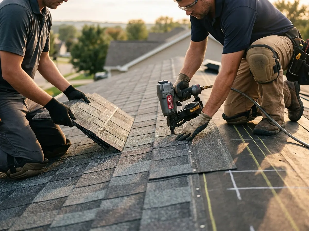 Professional roofer working on a residential roof in West Windsor
